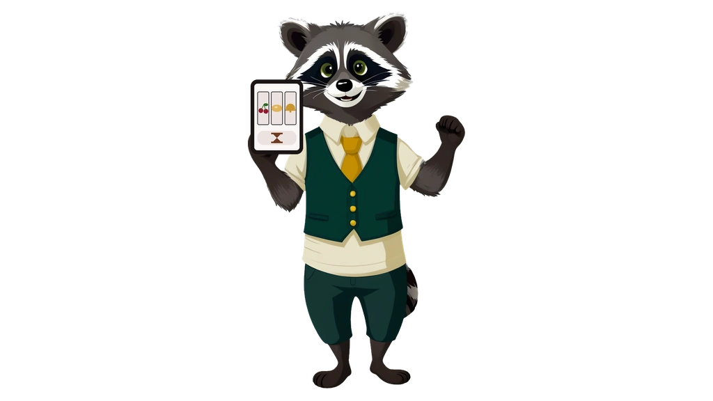 A drawing of a raccoon in a green waistcoat holding up a phone that is running a slot game with three reels, with a small hourglass mark under the reels