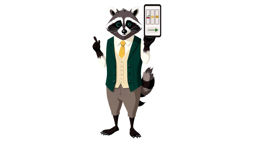 A drawing of a raccoon in a green waistcoat holding up a phone that is running a slot game with three reels, pointing away with its free paw while an arrow crosses the bottom of the screen