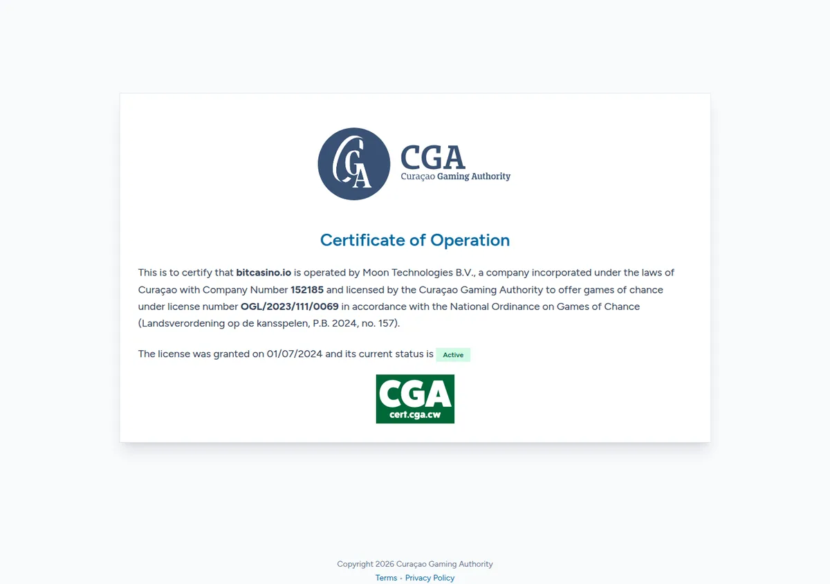 Curaçao Gaming Authority certificate of operation for bitcasino.io, naming the company, the company number and the licence number