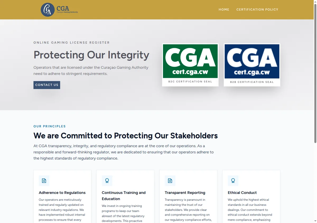The front page of cert.cga.cw, headed ONLINE GAMING LICENSE REGISTER, with a navigation bar of two items and an empty page below it