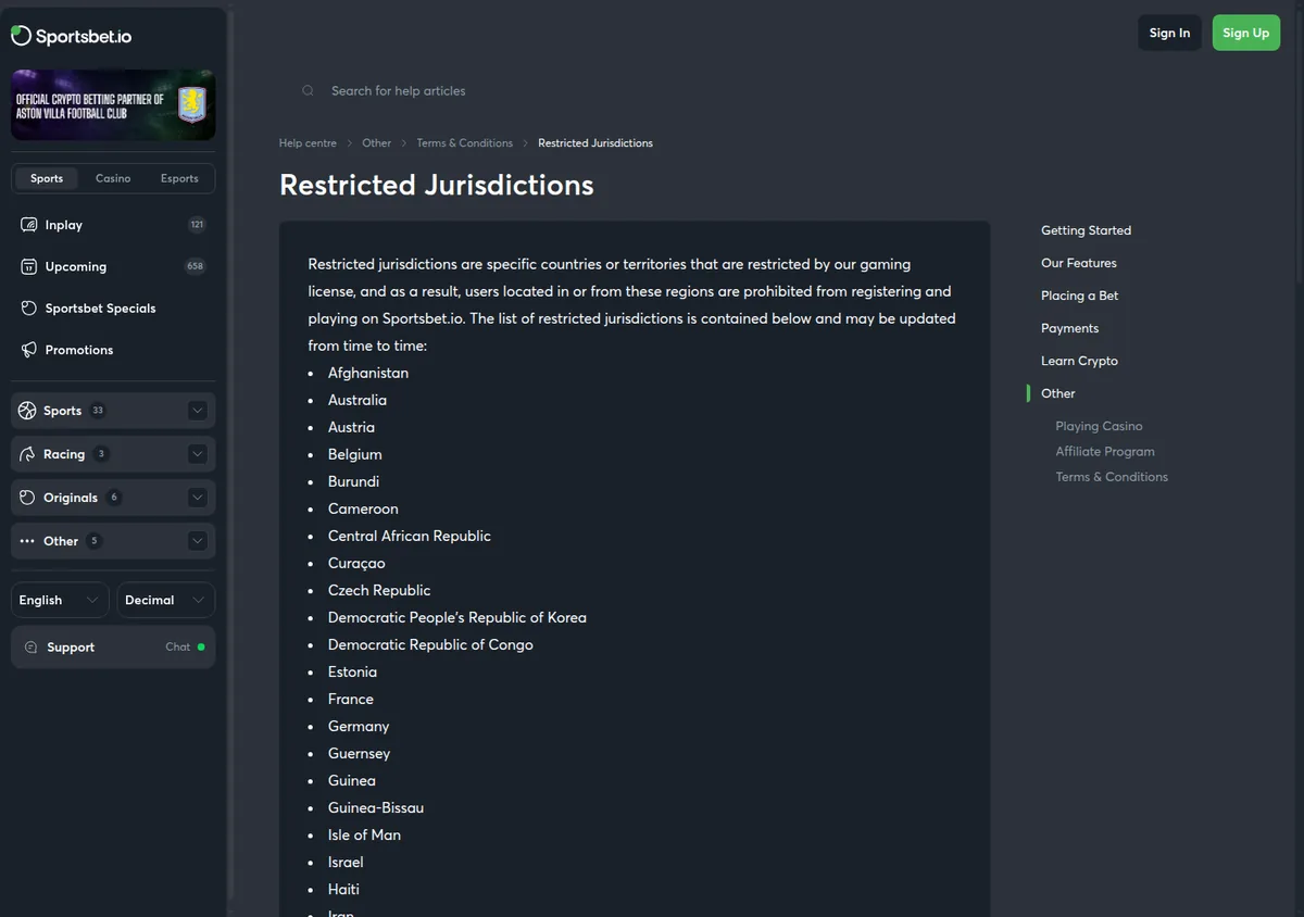 The Sportsbet.io help centre page titled Restricted Jurisdictions, with the opening paragraph and the start of the country list